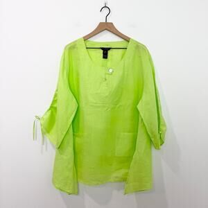 Ali Miles 100% Ramie Asymmetrical Lime Green Lightweight Tunic Top Size 1X